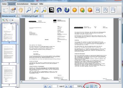 Documents can be displayed in different viewing modes such as One Page, Two Pages, or Continuous